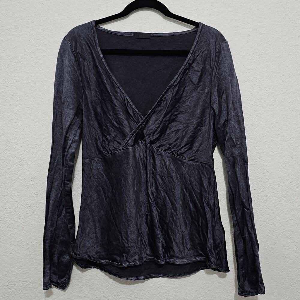 Cp Shades Cp Silk Hemp Dark Purple Blouse Women Large Long Sleeve Deep V Cut